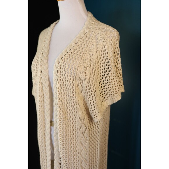Alya Crochet Open Knit Fringe Long Cardigan Duster Coastal Boho Cottagecore M/L - Picture 3 of 11